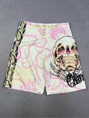 Christian Audigier Men’s Cream & Pink Skull Chain Graphic Shorts